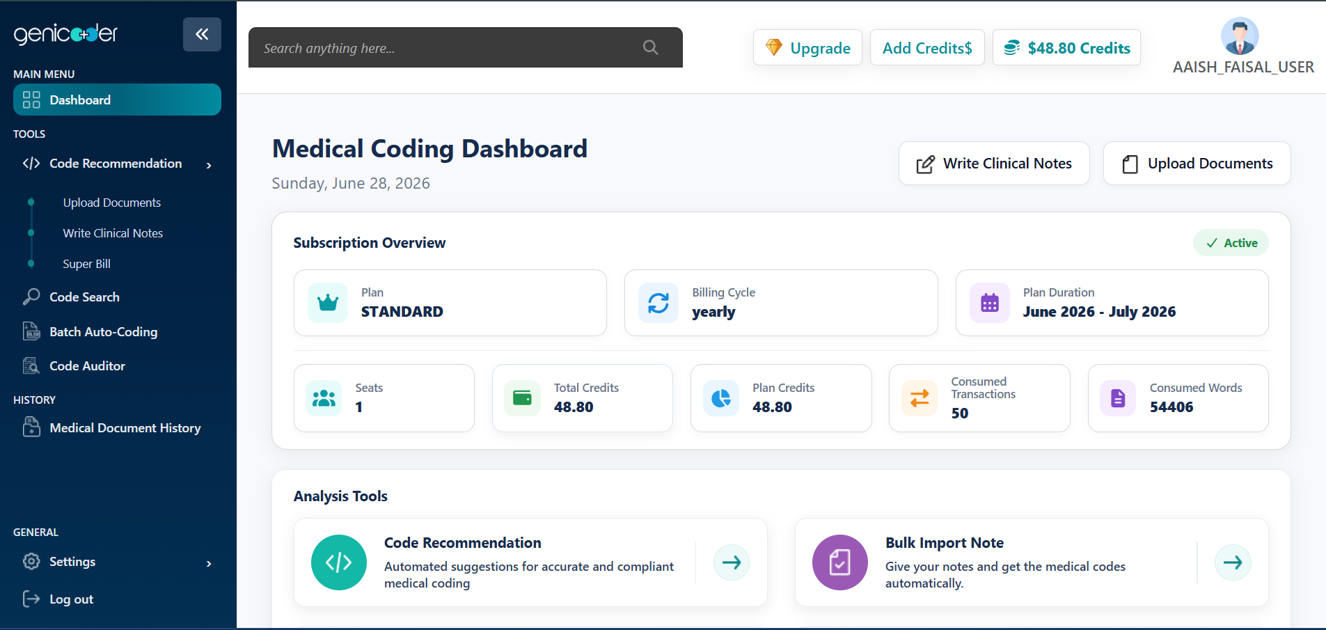 AI Medical Coder &mdash; Genicoder Web App dashboard